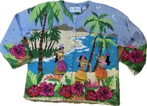 Vintage Design Options Hula Cardigan S 3D Sequin Wearable Art Tropical 90s